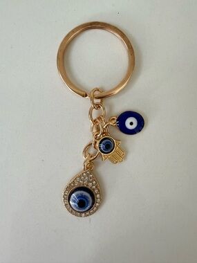 Gold-Tone Evil Eye Hamsa Keychain with Blue Charms